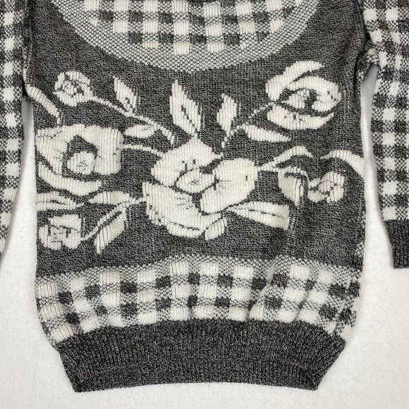 Vintage Made in USA 80s Jamnits Floral Roses Black White Checkered Knit Sweater - Picture 4 of 6